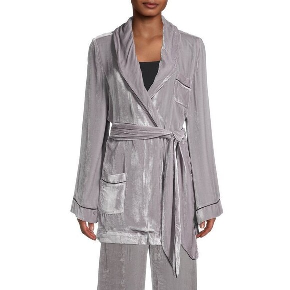 Sleeping With Jacques Bon Vivant Belted Platinum Silk Velvet Robe Size 0 - Picture 1 of 8